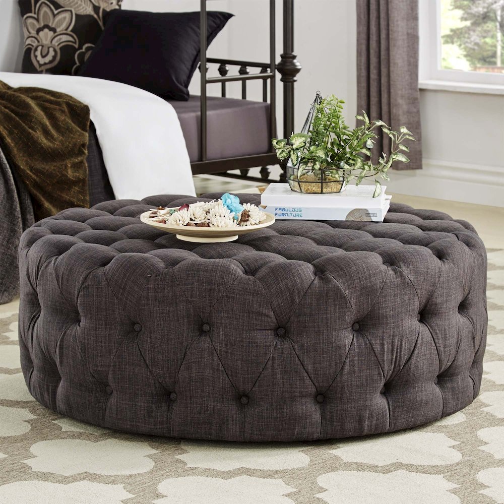 Dark Grey Linen Round Tufted Ottoman