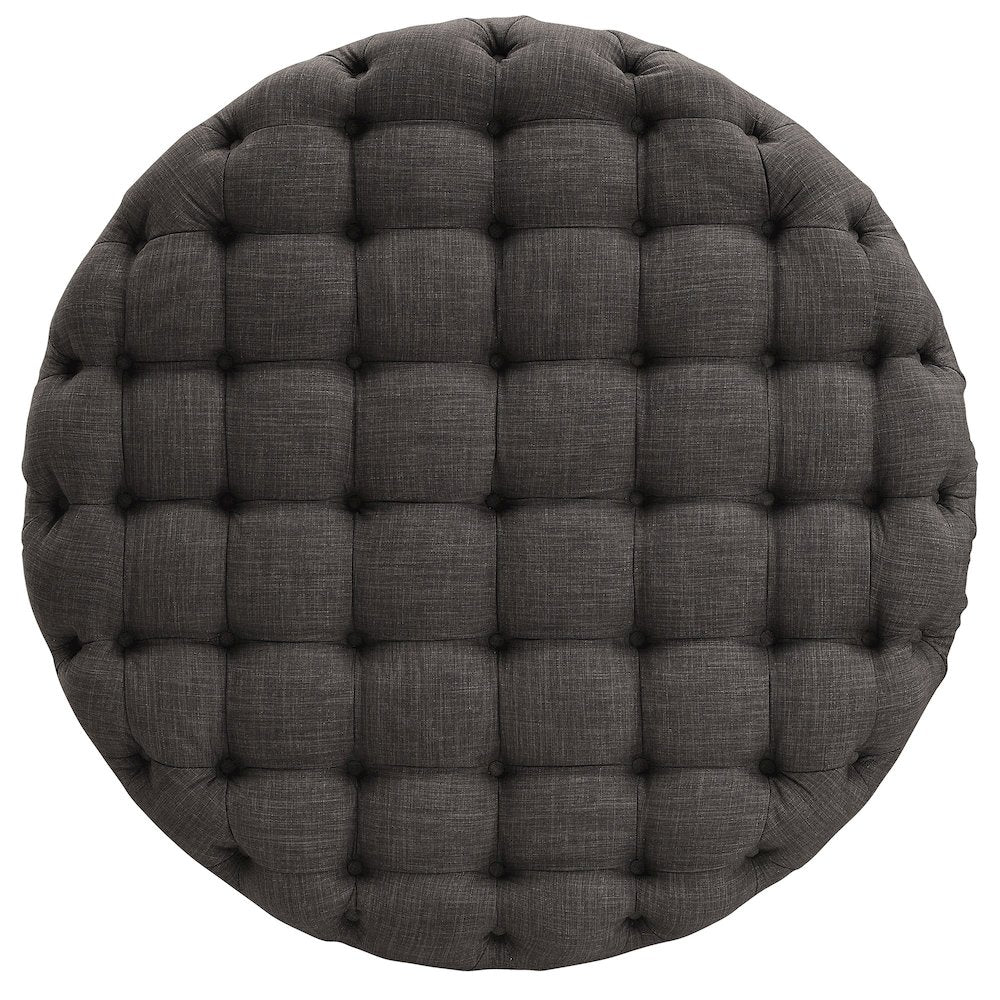 Dark Grey Linen Round Tufted Ottoman