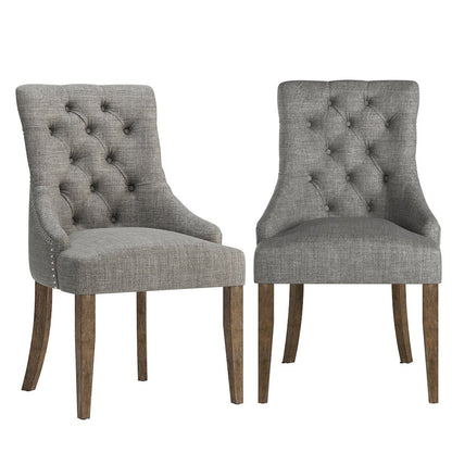 Set of 2, Light Distressed Natural Finish Grey Linen Back Tufted Dining Chair