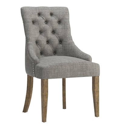 Set of 2, Light Distressed Natural Finish Grey Linen Back Tufted Dining Chair