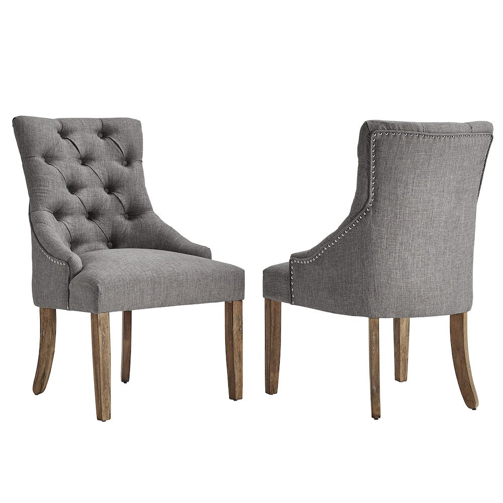 Set of 2, Light Distressed Natural Finish Grey Linen Back Tufted Dining Chair