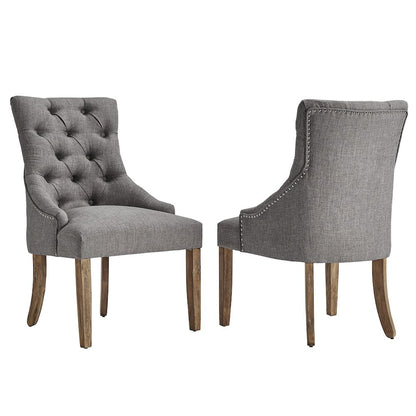 Set of 2, Light Distressed Natural Finish Grey Linen Back Tufted Dining Chair