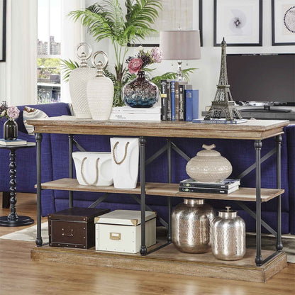 Brown Finish X-Back Sofa Table TV Stand