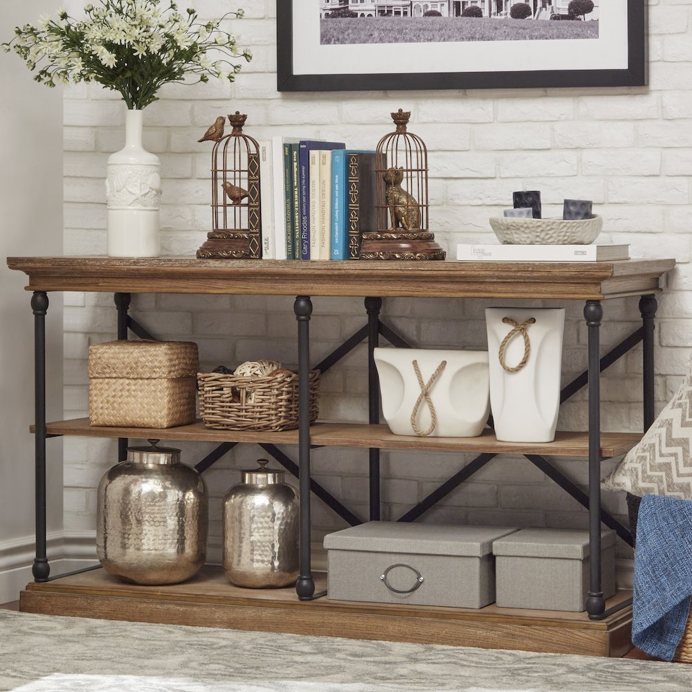 Brown Finish X-Back Sofa Table TV Stand