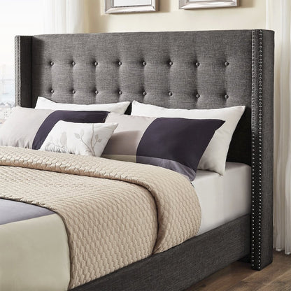 Dark Grey Linen Queen Wingback Headboard