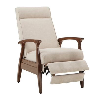 Walnut Finish Beige Fabric Push Back Recliner