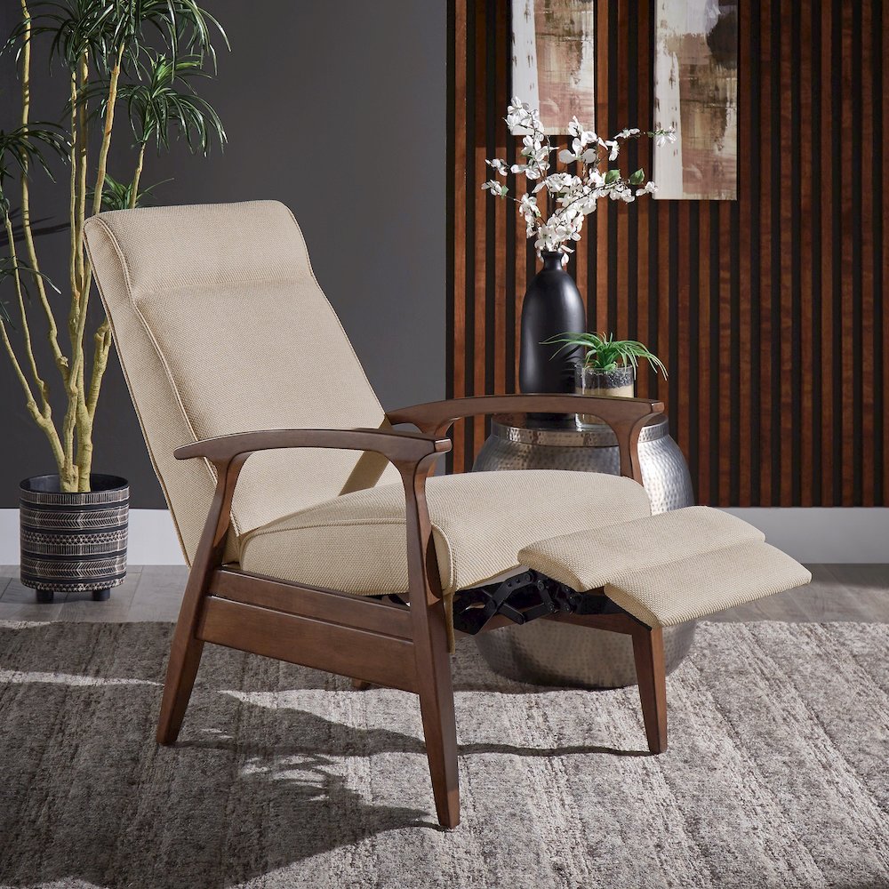 Walnut Finish Beige Fabric Push Back Recliner