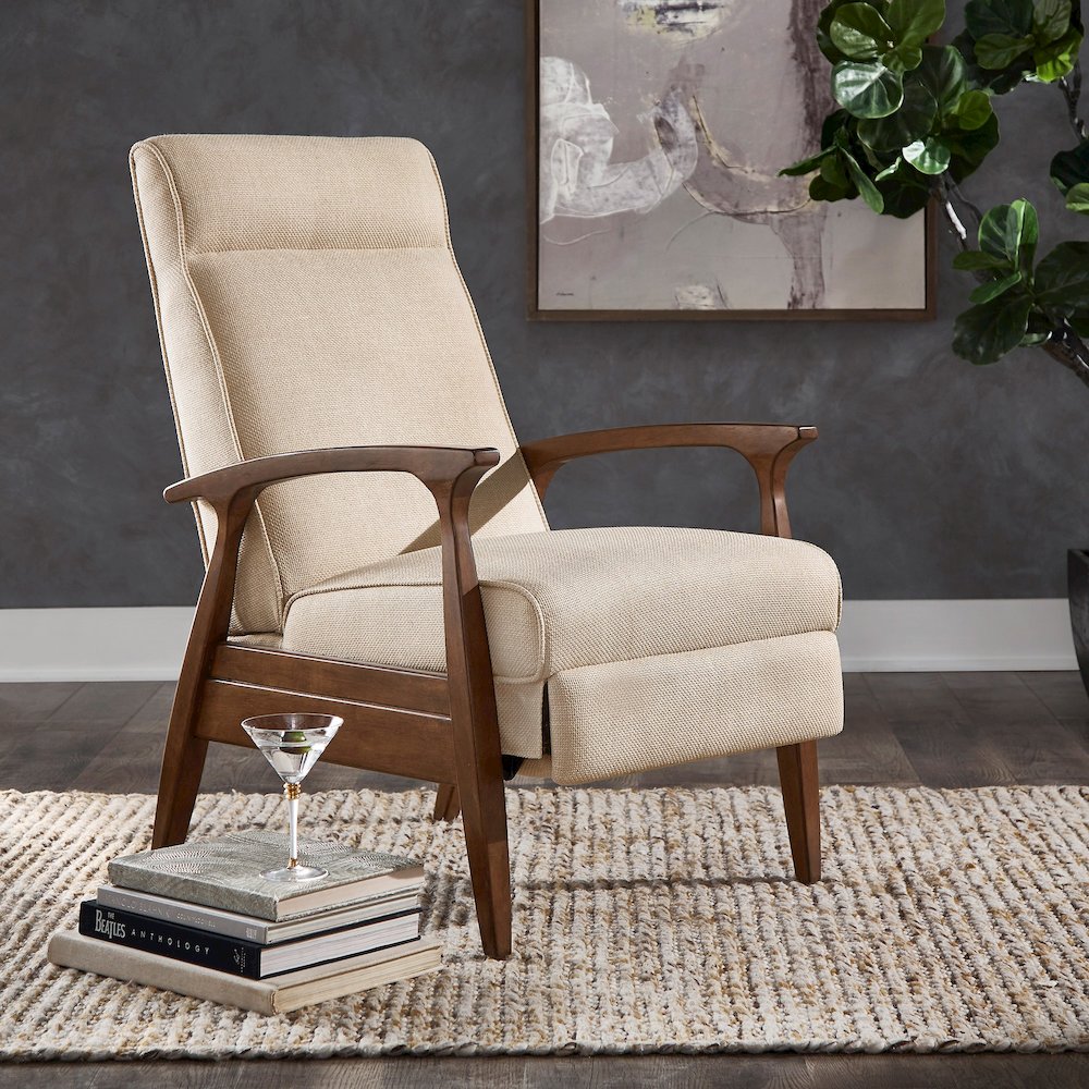 Walnut Finish Beige Fabric Push Back Recliner