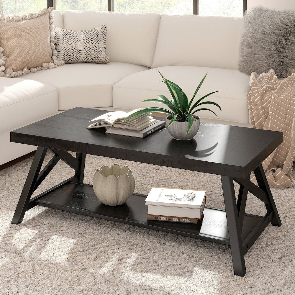 Black Finish Coffee Table With Shelf