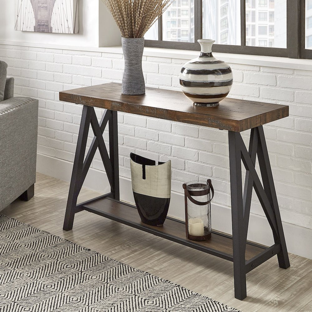 Brown Finish Sofa Table With Shelf