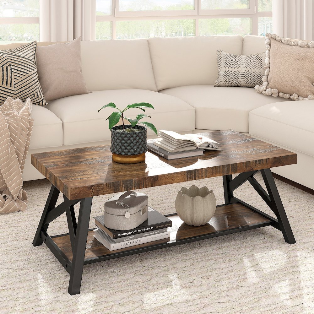 Brown Finish Coffee Table With Shelf