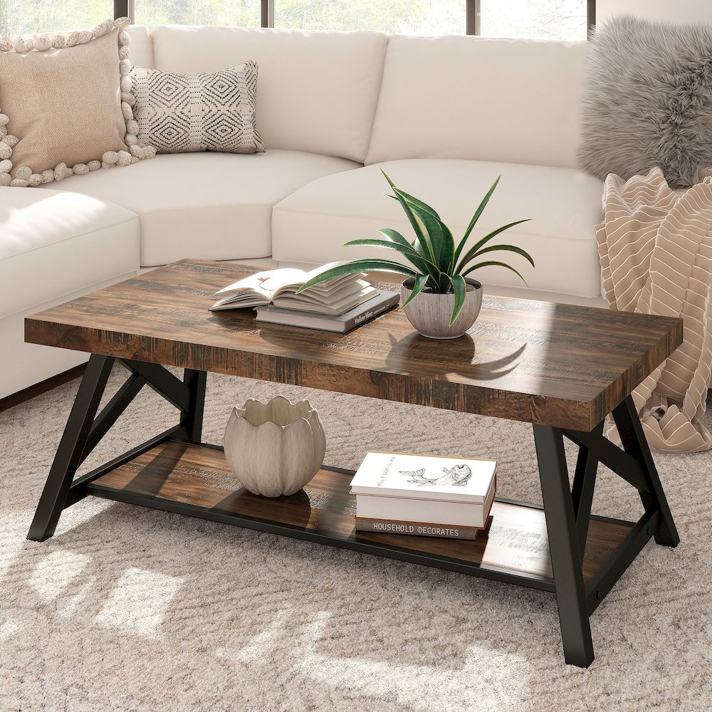 Brown Finish Coffee Table With Shelf