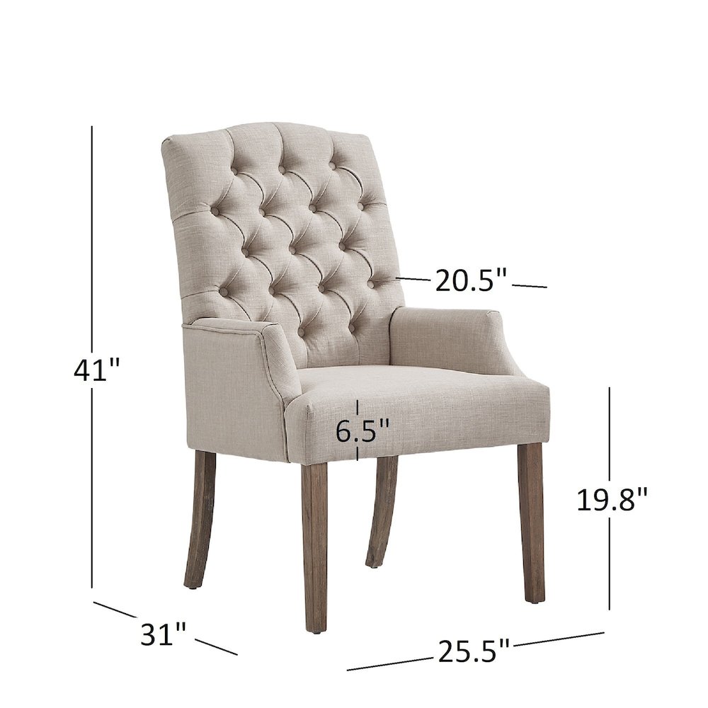 Light Distressed Natural Finish Grey Linen Tufted Dining Chair