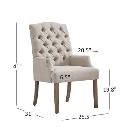 Light Distressed Natural Finish Grey Linen Tufted Dining Chair