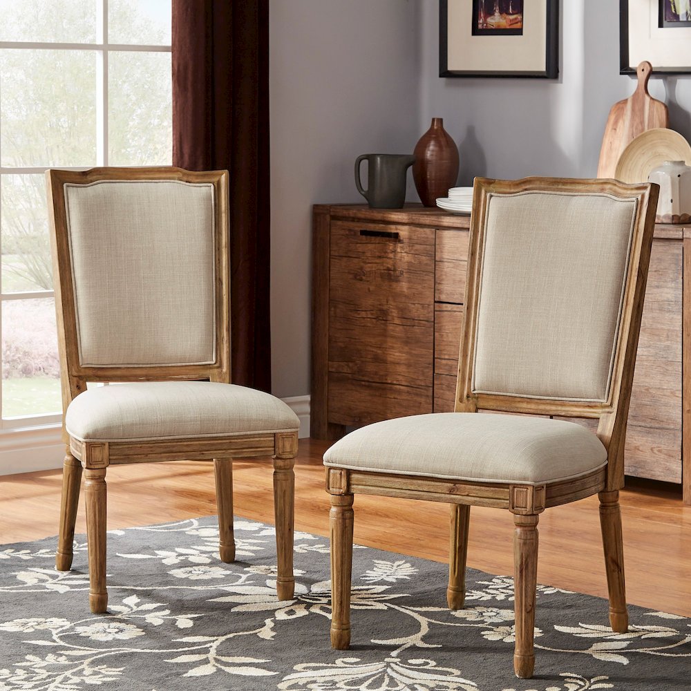 Set of 2, Beige Linen Dining Chair
