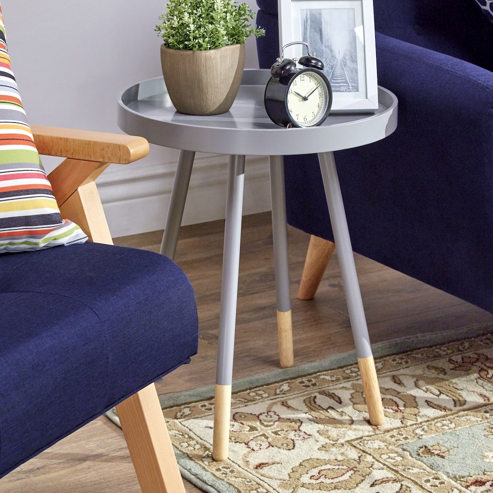 Frost Grey Finish Round Tray End Table