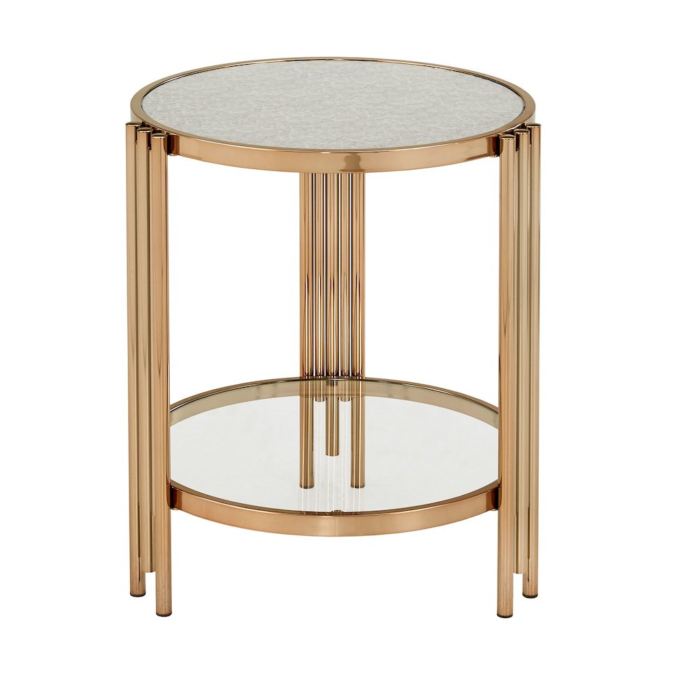 Champagne Gold Finish Textured Metallic Mirror Top End Table  With Glass Shelf