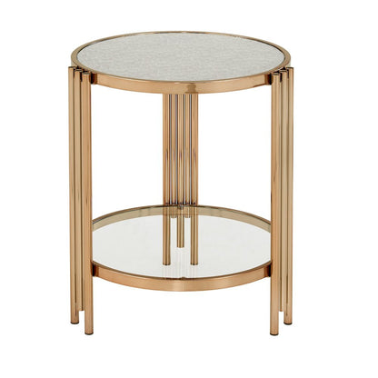 Champagne Gold Finish Textured Metallic Mirror Top End Table  With Glass Shelf