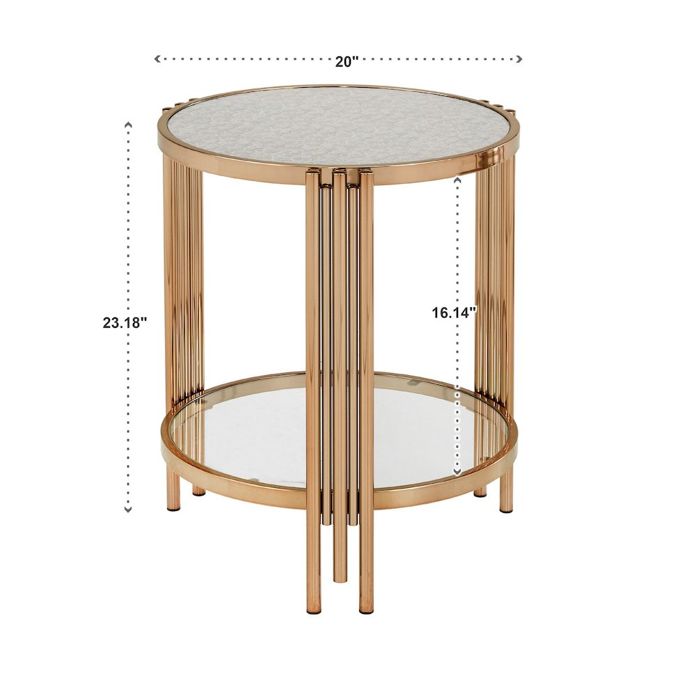 Champagne Gold Finish Textured Metallic Mirror Top End Table  With Glass Shelf