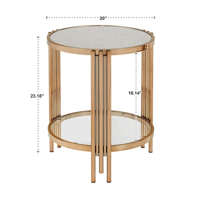 Champagne Gold Finish Textured Metallic Mirror Top End Table  With Glass Shelf