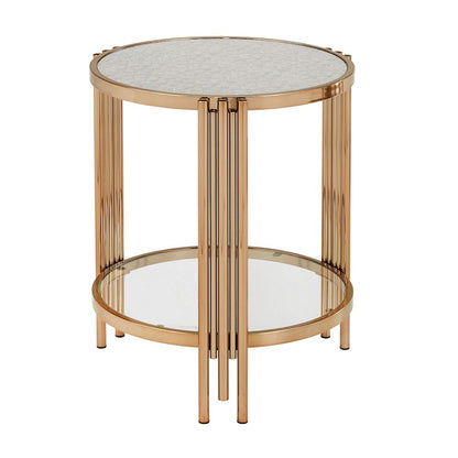 Champagne Gold Finish Textured Metallic Mirror Top End Table  With Glass Shelf