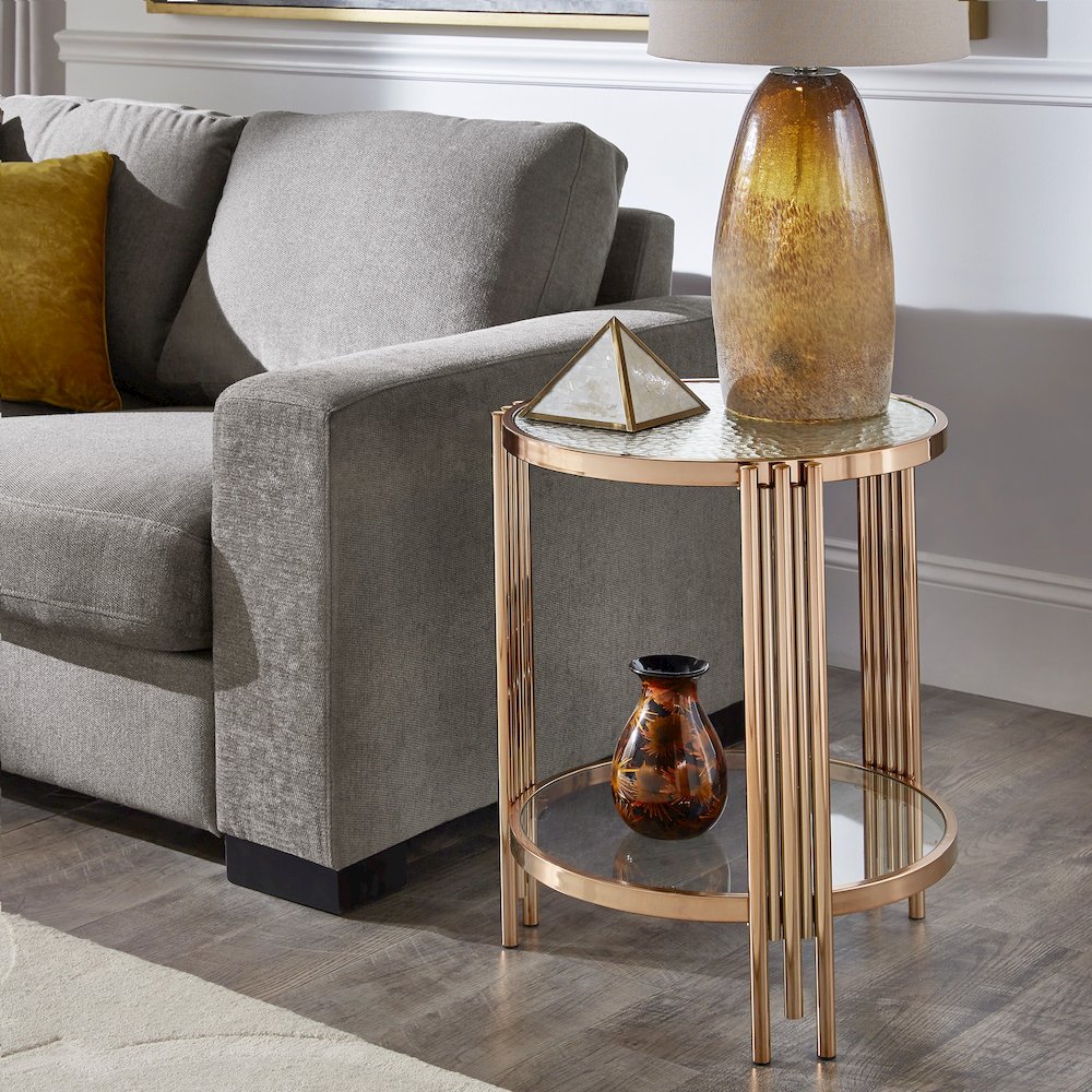 Champagne Gold Finish Textured Metallic Mirror Top End Table  With Glass Shelf