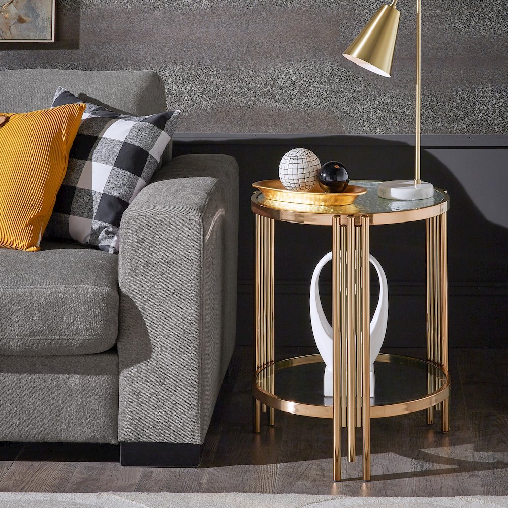 Champagne Gold Finish Textured Metallic Mirror Top End Table  With Glass Shelf