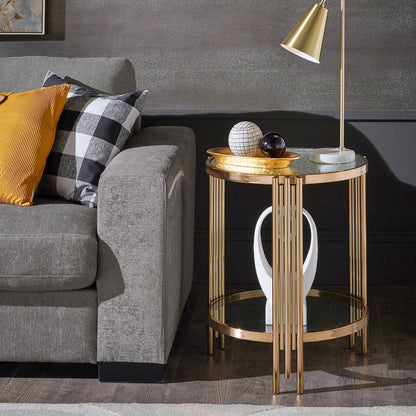 Champagne Gold Finish Textured Metallic Mirror Top End Table  With Glass Shelf