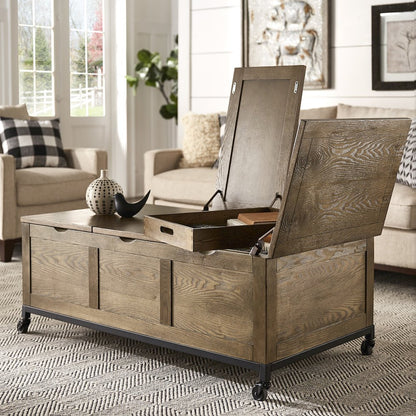 Trunk Rectangular Coffee Table With 1 Tray & Iron Casters