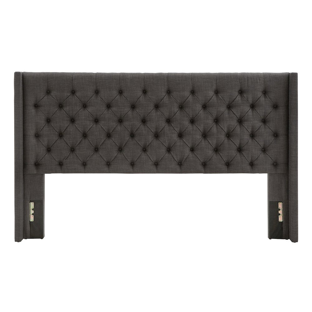 Dark Grey Linen Eastern King Wingback Tufted Headboard