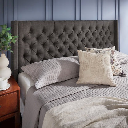 Dark Grey Linen Eastern King Wingback Tufted Headboard