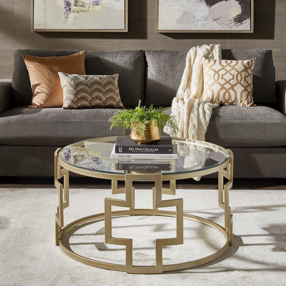 Matte Gold Finish Clear Glass Top Coffee Table
