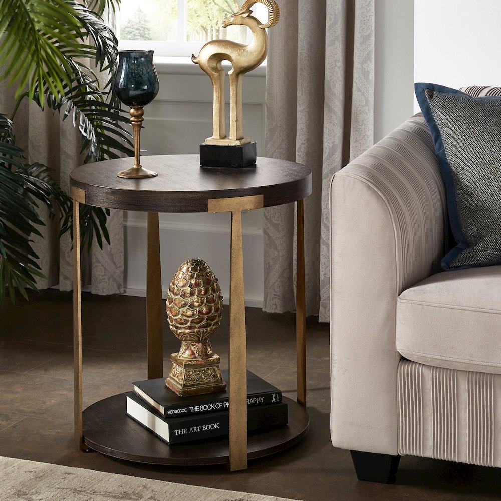 Espresso Finish Antique Brass T-Brace End Table