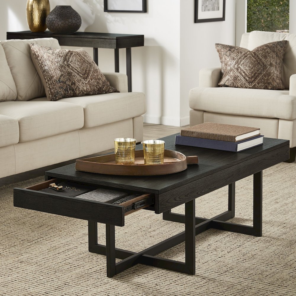 Black Finish Coffee Table With 2 Drawers