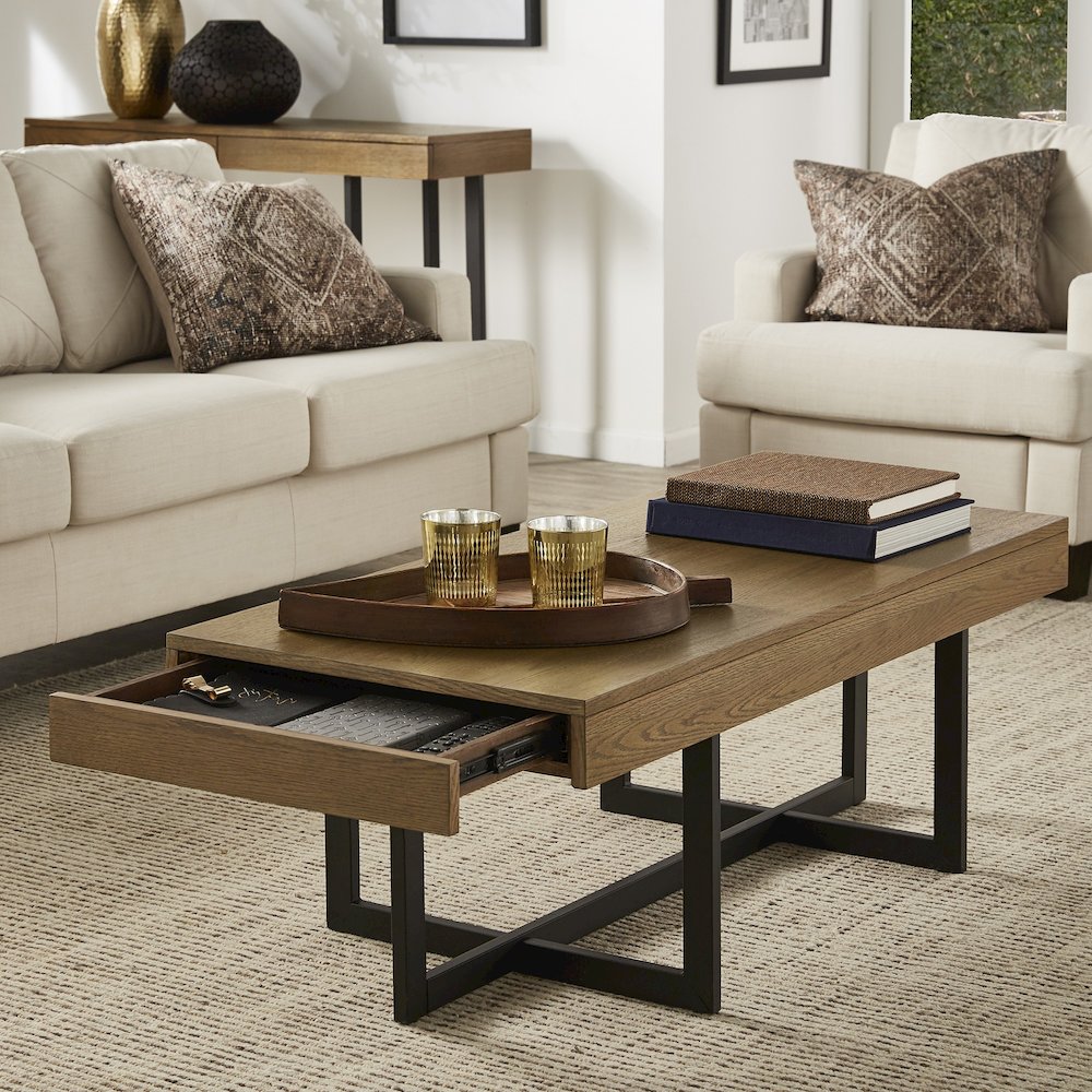 Brown Finish Coffee Table With 2 Drawers