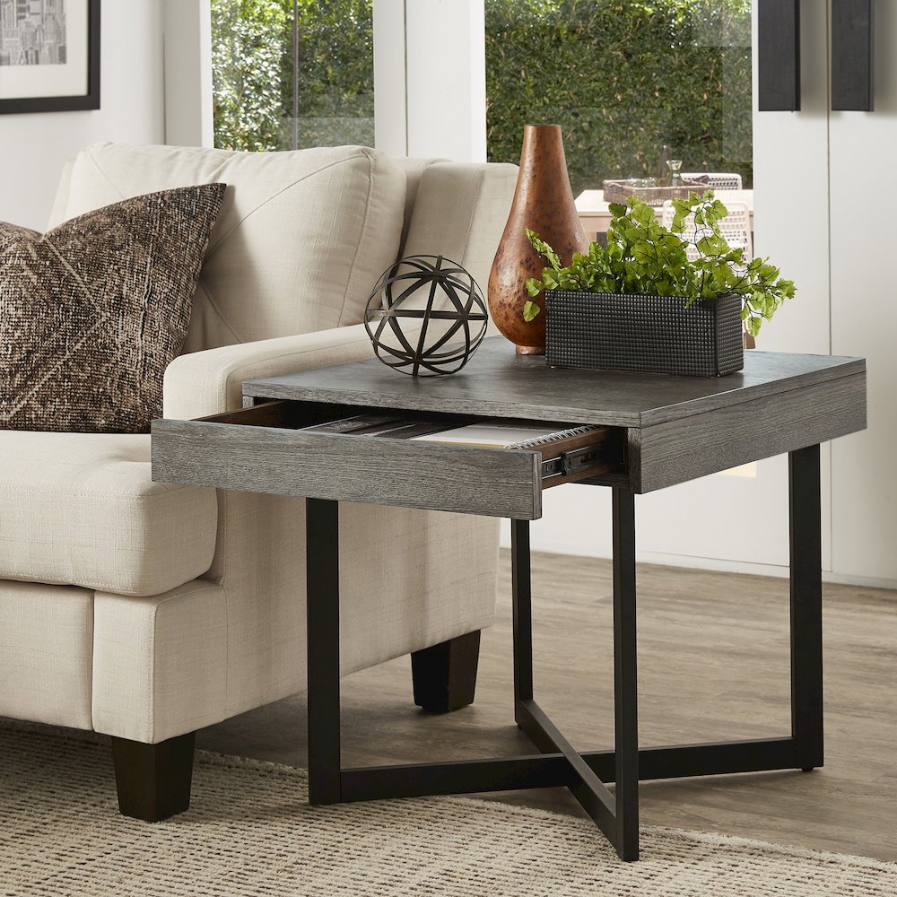 Grey Finish End Table With 1 Drawer