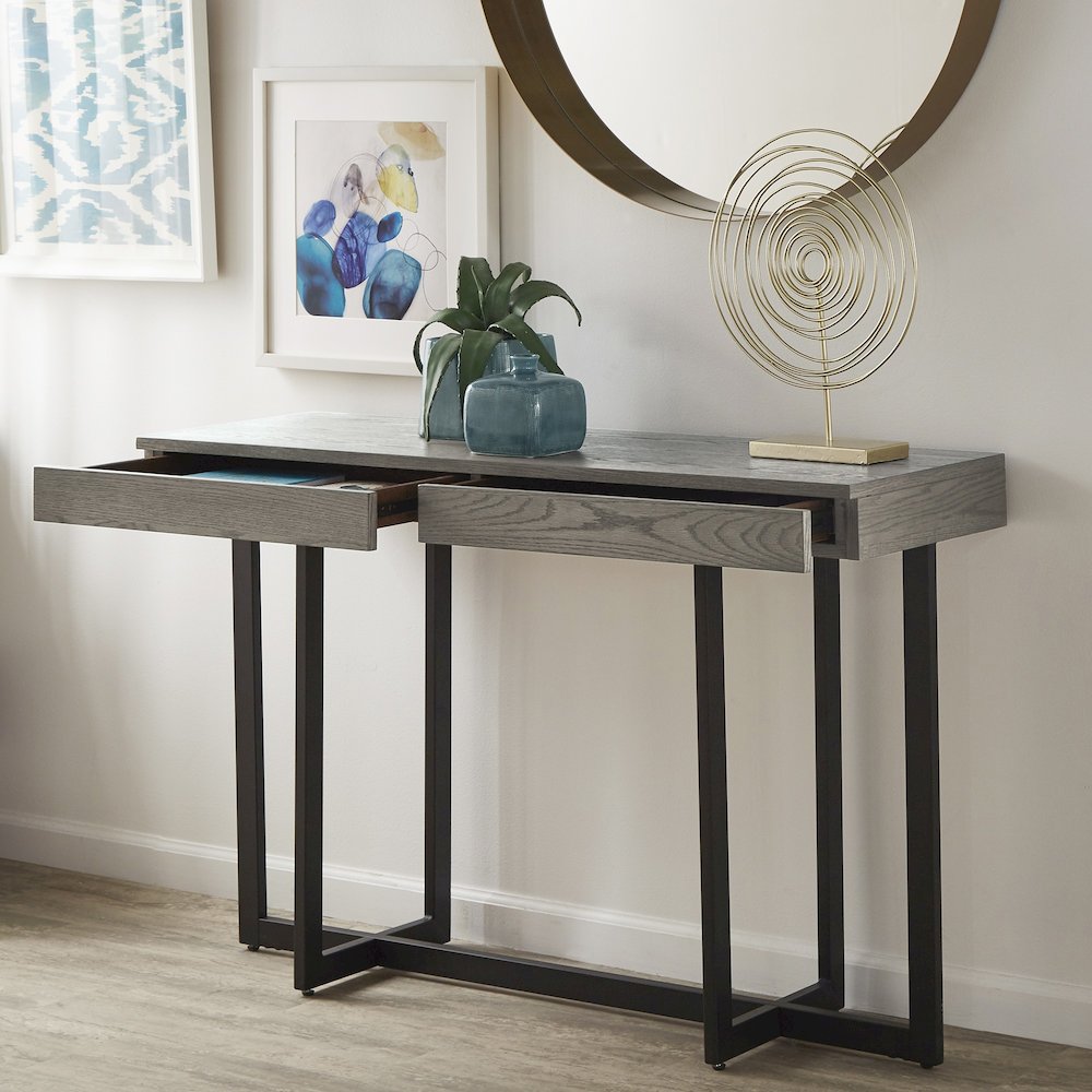 Grey Finish Sofa Table With 2 Drawers