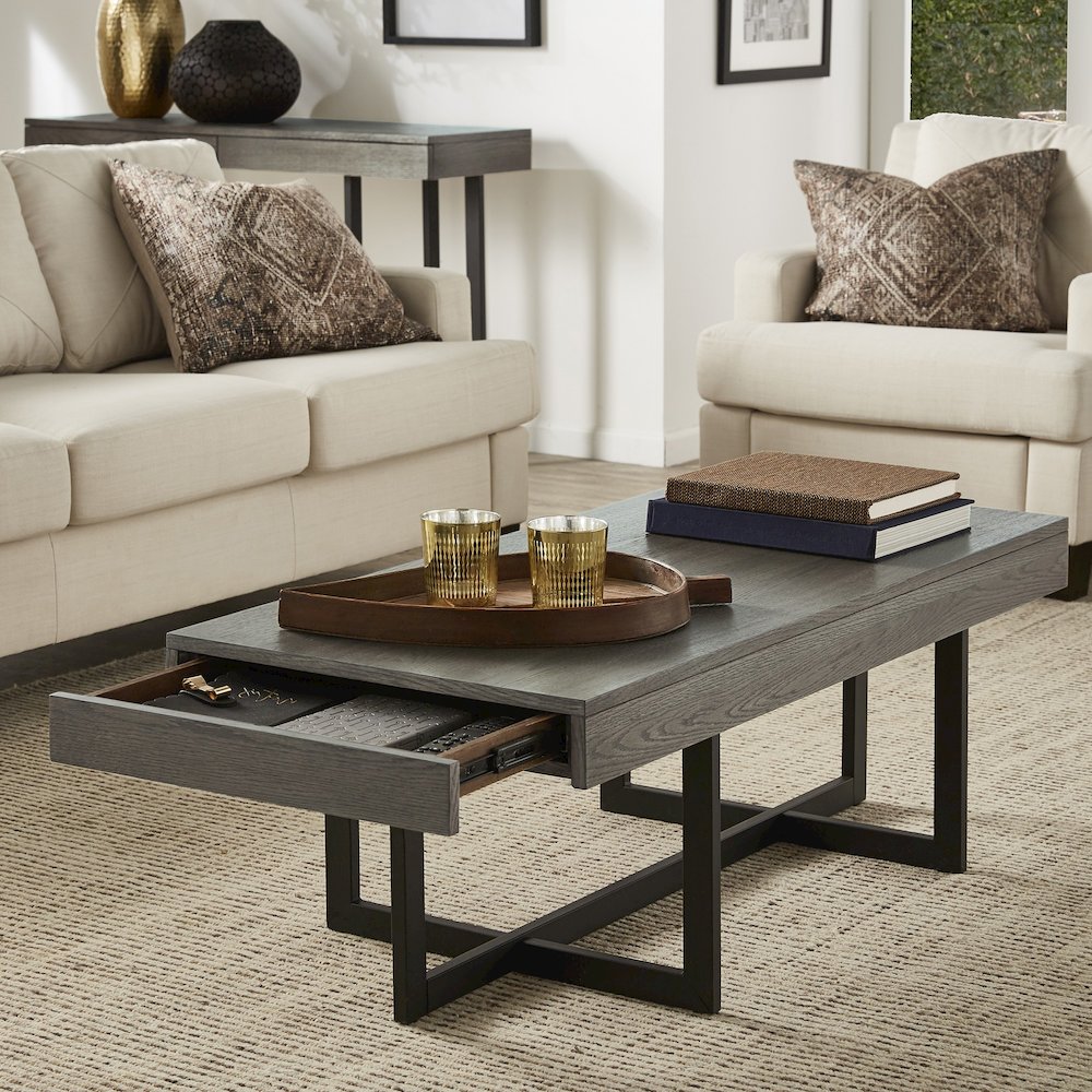Grey Finish Coffee Table With 2 Drawers