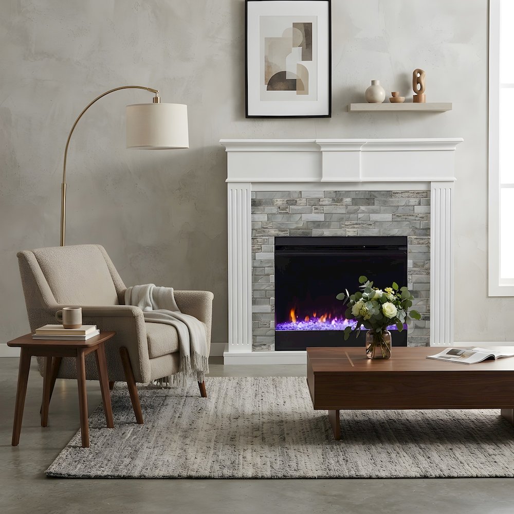 Wood Electric Fireplace with Faux Stone Surround and Color-Changing Flames