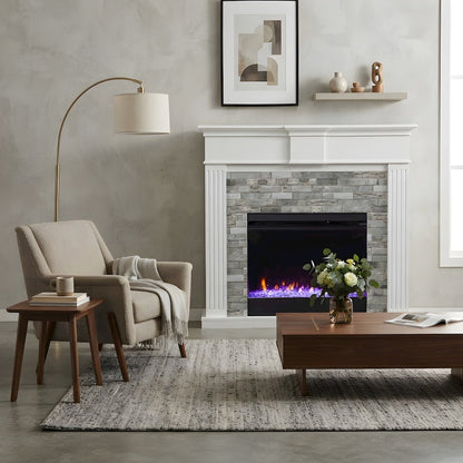 Wood Electric Fireplace with Faux Stone Surround and Color-Changing Flames