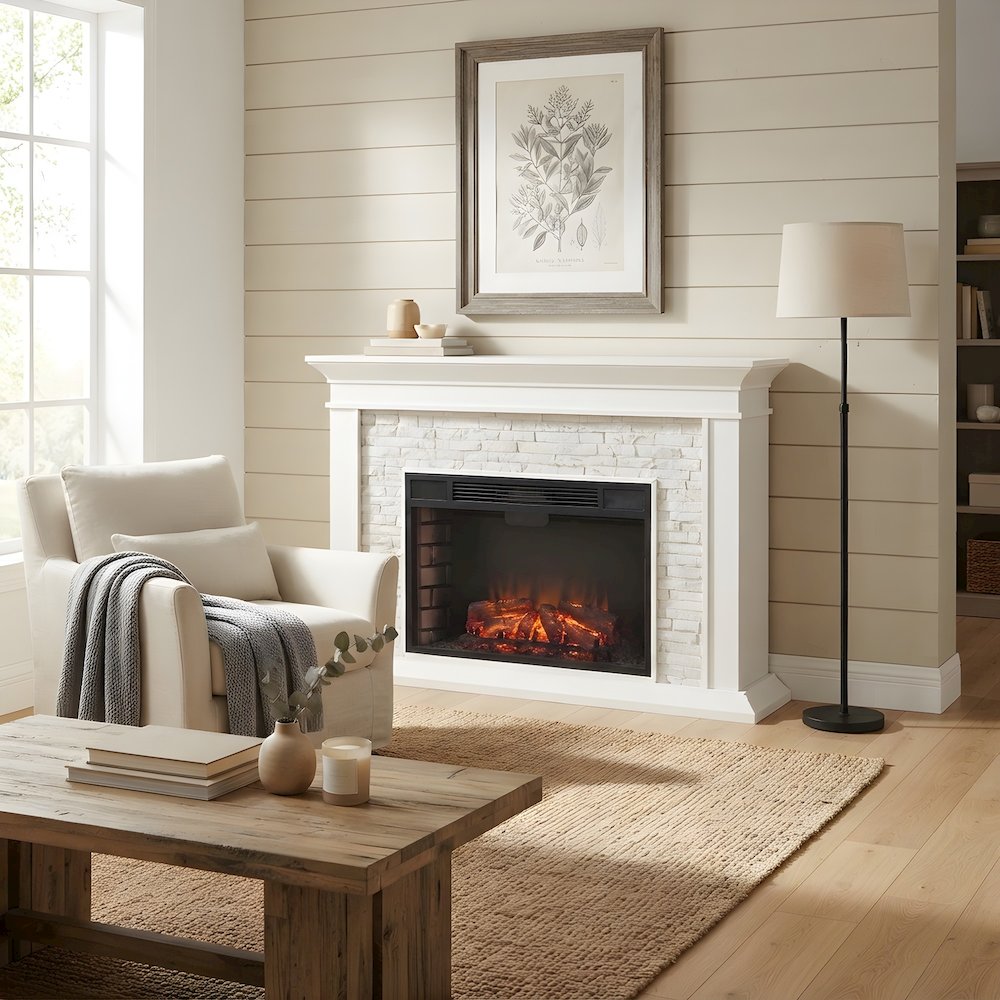Faux Stone Electric Fireplace with Mantel and Remote Control for Living Room
