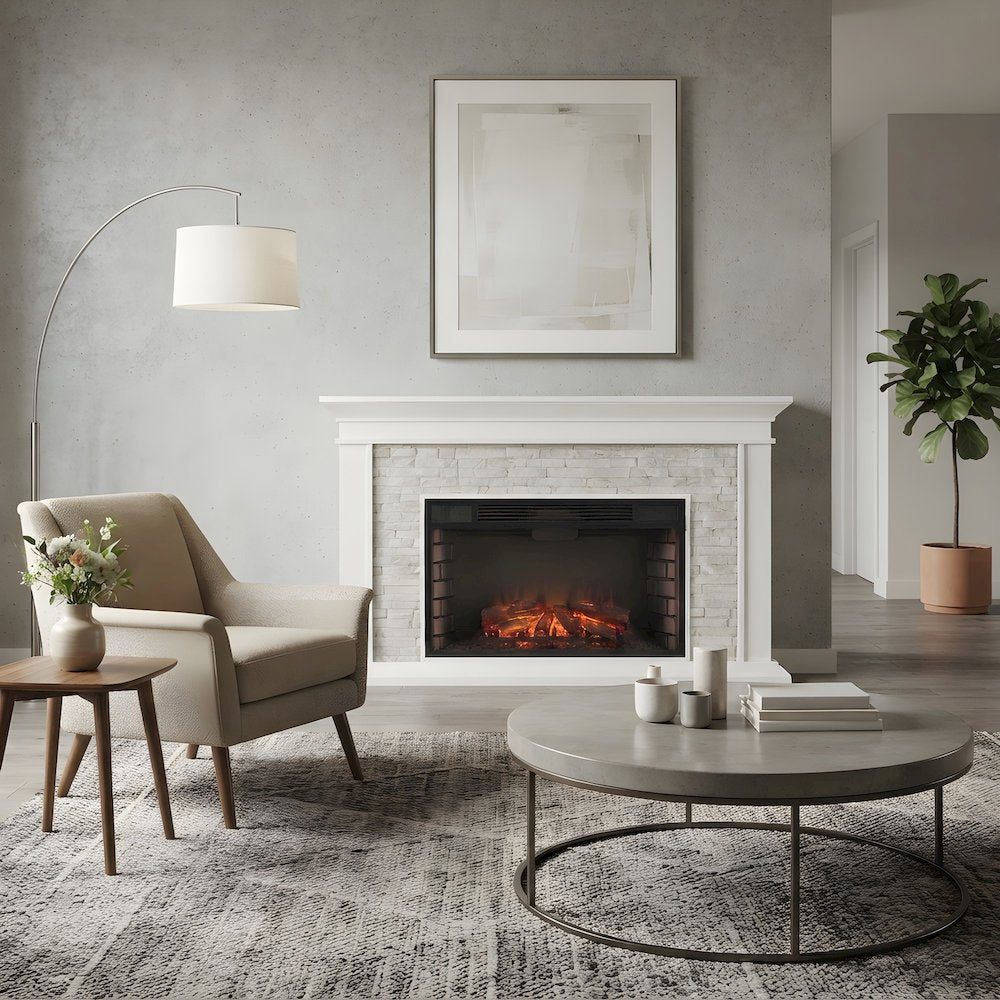 Faux Stone Electric Fireplace with Mantel and Remote Control for Living Room
