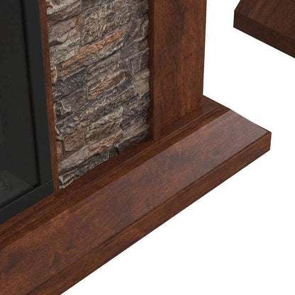 Wood Veneer Electric Fireplace with Faux Stacked Stone Surround and LED Flames
