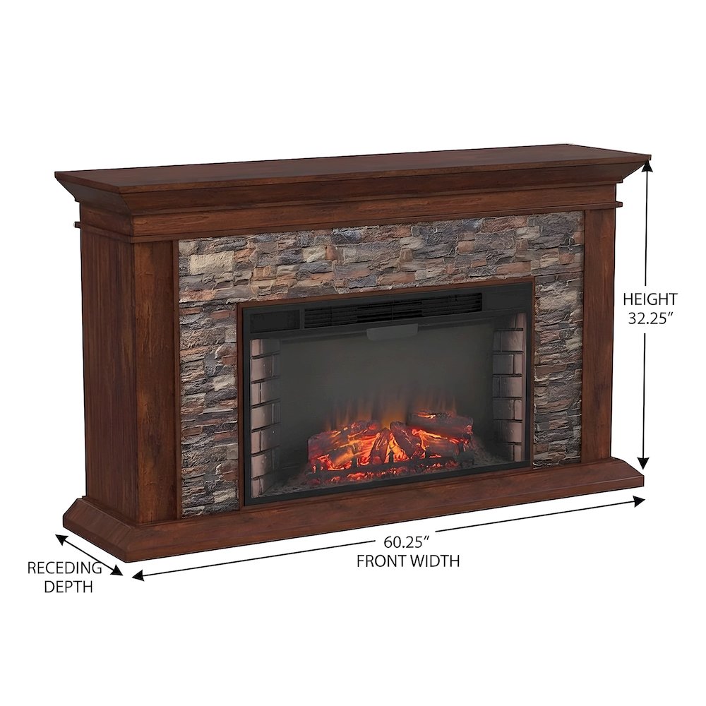 Wood Veneer Electric Fireplace with Faux Stacked Stone Surround and LED Flames