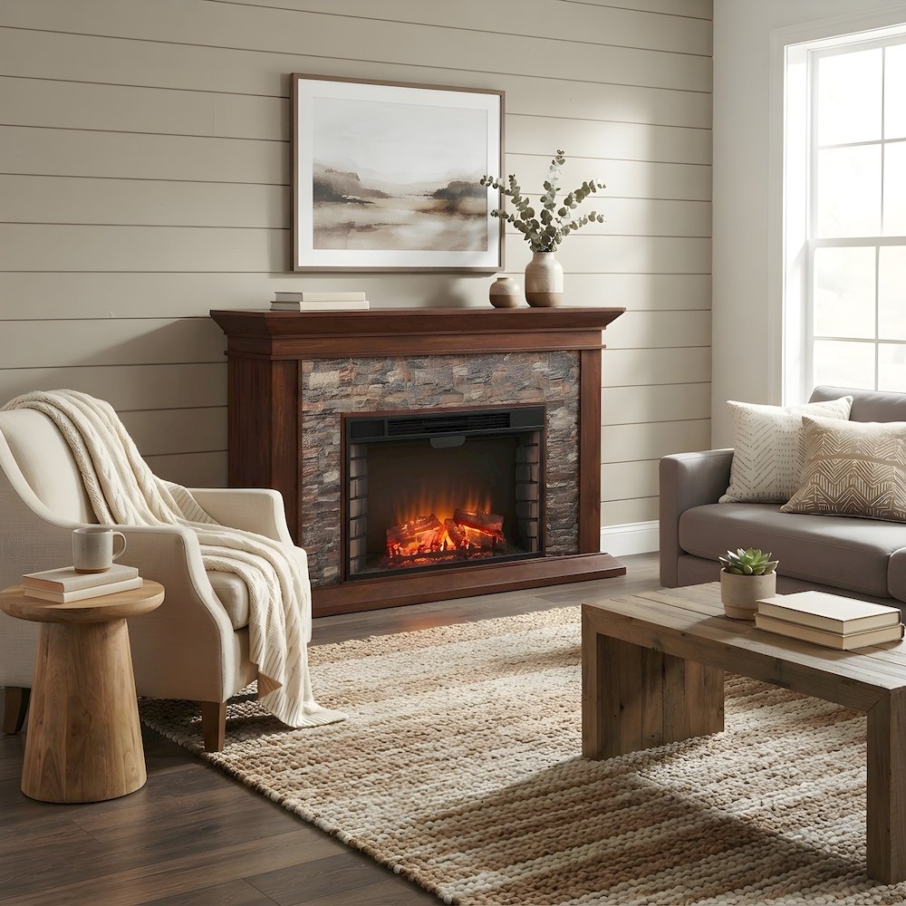 Wood Veneer Electric Fireplace with Faux Stacked Stone Surround and LED Flames