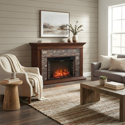 Wood Veneer Electric Fireplace with Faux Stacked Stone Surround and LED Flames