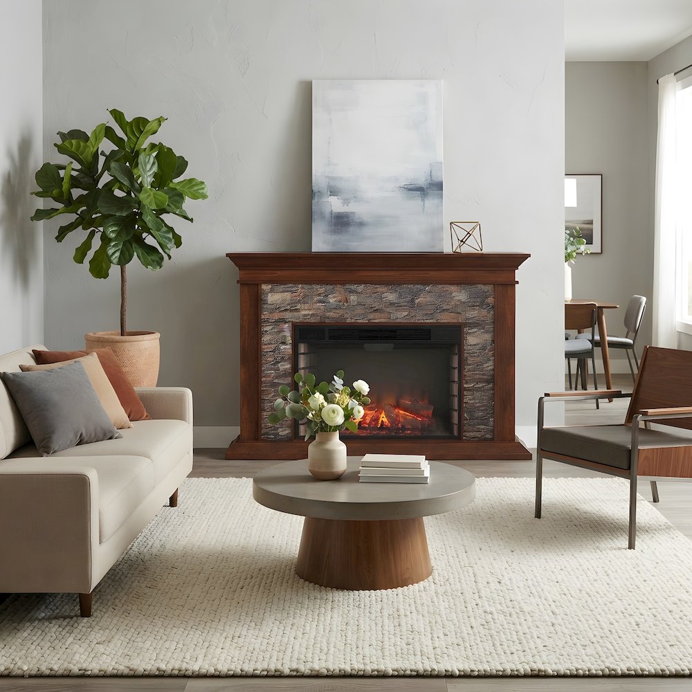 Wood Veneer Electric Fireplace with Faux Stacked Stone Surround and LED Flames