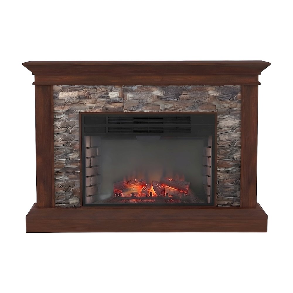 Wood Veneer Electric Fireplace with Faux Stacked Stone Surround and LED Flames