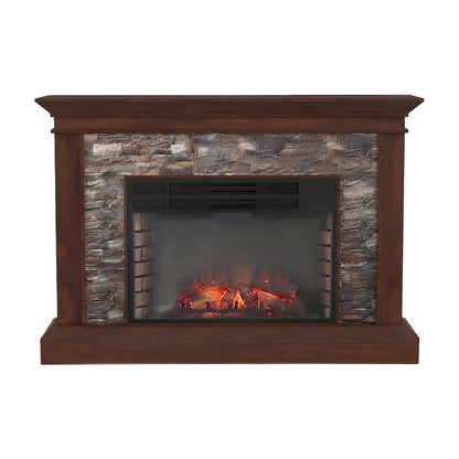 Wood Veneer Electric Fireplace with Faux Stacked Stone Surround and LED Flames