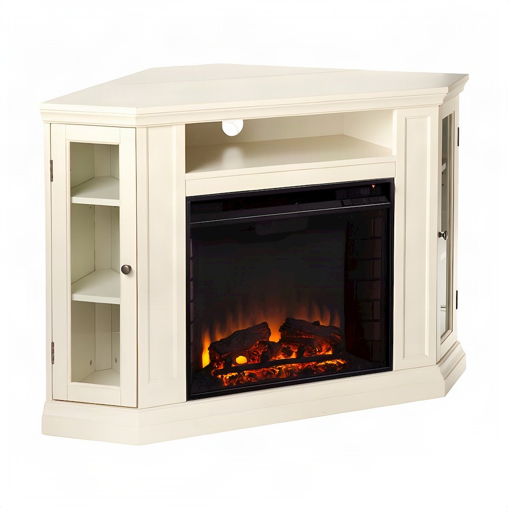 FurniFact Electric Fireplace with Convertible Mantel and Media Shelf, Ivory
